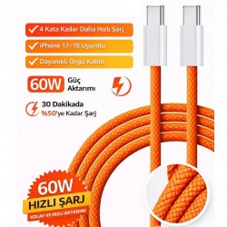 iPhone 15 16 17 Pro Max Uyumlu 60W Örgü Type-C Şarj Kablosu - Turuncu