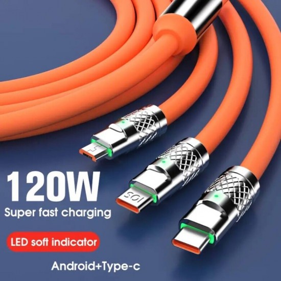 Süper Hızlı Metal 3in1 Şarj Kablosu 120w 6a Type-c iPhone Micro S-219